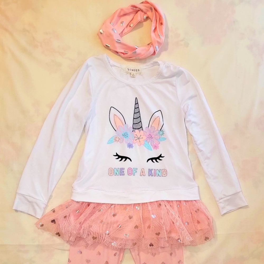 btween, white unicorn shirt/pink pants set, size 6 with matching headband